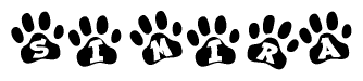 The image shows a series of animal paw prints arranged in a horizontal line. Each paw print contains a letter, and together they spell out the word Simira.