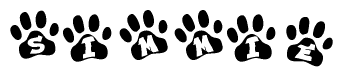 The image shows a row of animal paw prints, each containing a letter. The letters spell out the word Simmie within the paw prints.