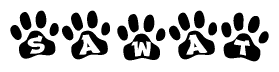 The image shows a series of animal paw prints arranged in a horizontal line. Each paw print contains a letter, and together they spell out the word Sawat.