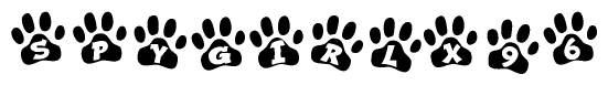 The image shows a series of animal paw prints arranged horizontally. Within each paw print, there's a letter; together they spell Spygirlx96