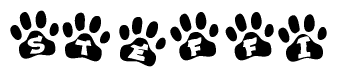 The image shows a series of animal paw prints arranged horizontally. Within each paw print, there's a letter; together they spell Steffi