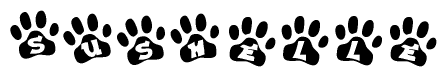 The image shows a series of animal paw prints arranged in a horizontal line. Each paw print contains a letter, and together they spell out the word Sushelle.