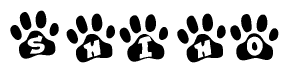 The image shows a series of animal paw prints arranged in a horizontal line. Each paw print contains a letter, and together they spell out the word Shiho.