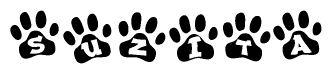 The image shows a row of animal paw prints, each containing a letter. The letters spell out the word Suzita within the paw prints.