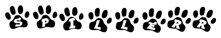 The image shows a row of animal paw prints, each containing a letter. The letters spell out the word Spillerr within the paw prints.