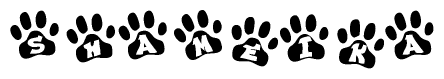 The image shows a series of animal paw prints arranged horizontally. Within each paw print, there's a letter; together they spell Shameika