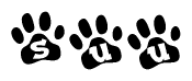The image shows a row of animal paw prints, each containing a letter. The letters spell out the word Suu within the paw prints.