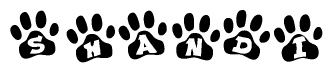 The image shows a row of animal paw prints, each containing a letter. The letters spell out the word Shandi within the paw prints.