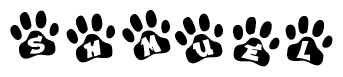 The image shows a series of animal paw prints arranged in a horizontal line. Each paw print contains a letter, and together they spell out the word Shmuel.