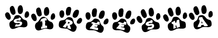 The image shows a series of animal paw prints arranged in a horizontal line. Each paw print contains a letter, and together they spell out the word Sireesha.