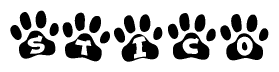 The image shows a series of animal paw prints arranged horizontally. Within each paw print, there's a letter; together they spell Stico