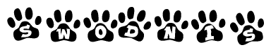 The image shows a series of animal paw prints arranged horizontally. Within each paw print, there's a letter; together they spell Swodnis