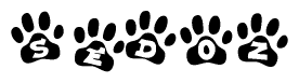 The image shows a series of animal paw prints arranged horizontally. Within each paw print, there's a letter; together they spell Sedoz