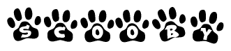 The image shows a series of animal paw prints arranged in a horizontal line. Each paw print contains a letter, and together they spell out the word Scooby.