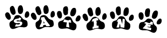 The image shows a row of animal paw prints, each containing a letter. The letters spell out the word Satine within the paw prints.
