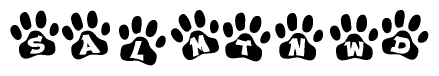 The image shows a row of animal paw prints, each containing a letter. The letters spell out the word Salmtnwd within the paw prints.