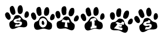 The image shows a series of animal paw prints arranged horizontally. Within each paw print, there's a letter; together they spell Soties