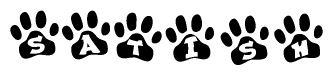 The image shows a series of animal paw prints arranged in a horizontal line. Each paw print contains a letter, and together they spell out the word Satish.