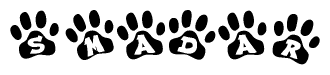 The image shows a row of animal paw prints, each containing a letter. The letters spell out the word Smadar within the paw prints.