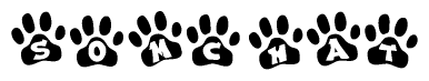 The image shows a series of animal paw prints arranged in a horizontal line. Each paw print contains a letter, and together they spell out the word Somchat.