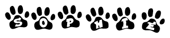 The image shows a row of animal paw prints, each containing a letter. The letters spell out the word Sophie within the paw prints.