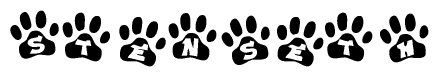 The image shows a row of animal paw prints, each containing a letter. The letters spell out the word Stenseth within the paw prints.