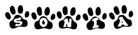 The image shows a series of animal paw prints arranged horizontally. Within each paw print, there's a letter; together they spell Sonia