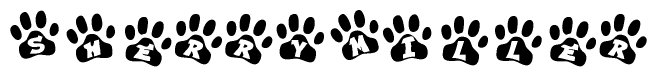 The image shows a series of animal paw prints arranged horizontally. Within each paw print, there's a letter; together they spell Sherrymiller