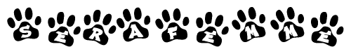 The image shows a series of animal paw prints arranged in a horizontal line. Each paw print contains a letter, and together they spell out the word Serafemme.