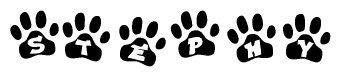 The image shows a row of animal paw prints, each containing a letter. The letters spell out the word Stephy within the paw prints.