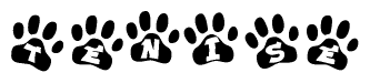 The image shows a series of animal paw prints arranged horizontally. Within each paw print, there's a letter; together they spell Tenise