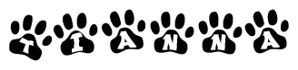 The image shows a row of animal paw prints, each containing a letter. The letters spell out the word Tianna within the paw prints.