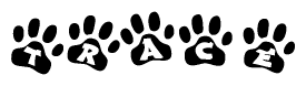 The image shows a series of animal paw prints arranged horizontally. Within each paw print, there's a letter; together they spell Trace
