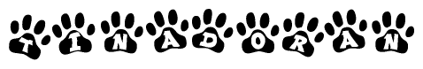 The image shows a row of animal paw prints, each containing a letter. The letters spell out the word Tinadoran within the paw prints.