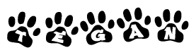The image shows a series of animal paw prints arranged horizontally. Within each paw print, there's a letter; together they spell Tegan