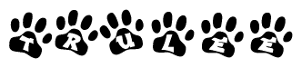 The image shows a series of animal paw prints arranged horizontally. Within each paw print, there's a letter; together they spell Trulee