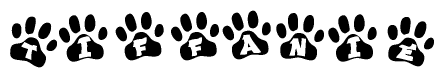 The image shows a row of animal paw prints, each containing a letter. The letters spell out the word Tiffanie within the paw prints.