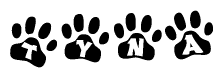 The image shows a row of animal paw prints, each containing a letter. The letters spell out the word Tyna within the paw prints.
