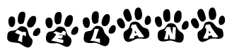 The image shows a series of animal paw prints arranged in a horizontal line. Each paw print contains a letter, and together they spell out the word Telana.