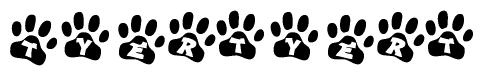 The image shows a series of animal paw prints arranged in a horizontal line. Each paw print contains a letter, and together they spell out the word Tyertyert.