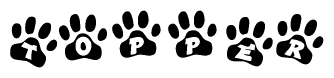 The image shows a row of animal paw prints, each containing a letter. The letters spell out the word Topper within the paw prints.