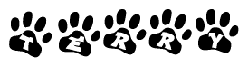 The image shows a series of animal paw prints arranged in a horizontal line. Each paw print contains a letter, and together they spell out the word Terry.