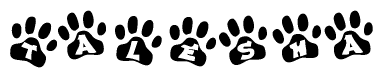 The image shows a series of animal paw prints arranged horizontally. Within each paw print, there's a letter; together they spell Talesha