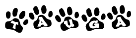 The image shows a row of animal paw prints, each containing a letter. The letters spell out the word Tauga within the paw prints.