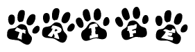 The image shows a series of animal paw prints arranged horizontally. Within each paw print, there's a letter; together they spell Trife