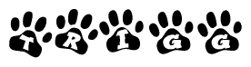 The image shows a row of animal paw prints, each containing a letter. The letters spell out the word Trigg within the paw prints.