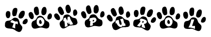 The image shows a series of animal paw prints arranged in a horizontal line. Each paw print contains a letter, and together they spell out the word Tompurol.