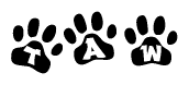 The image shows a series of animal paw prints arranged horizontally. Within each paw print, there's a letter; together they spell Taw