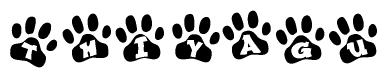 The image shows a series of animal paw prints arranged in a horizontal line. Each paw print contains a letter, and together they spell out the word Thiyagu.