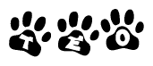 The image shows a row of animal paw prints, each containing a letter. The letters spell out the word Teo within the paw prints.